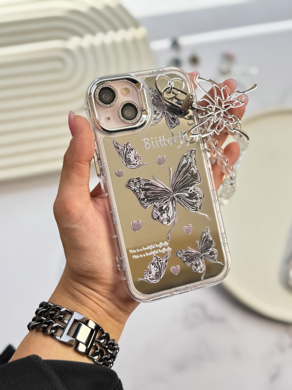 قاب butterfly آینه ای با محافظ لنز رینگی و آویز چسبی